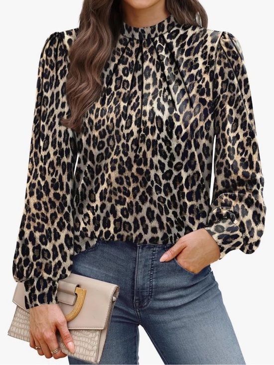 Tops - NEW Leopard Print Long-Sleeve Blouse - Beige/Black